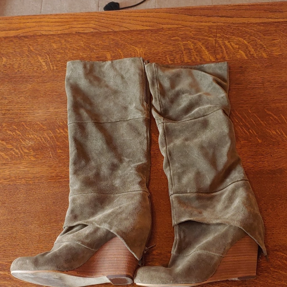 Fergie suede knee high wedge boots